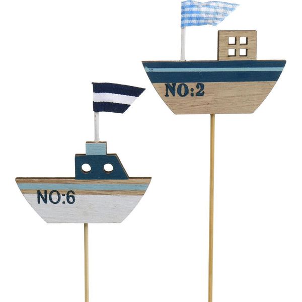 Set Di 24 Tappi Decorativi Nave In Legno Decorazione Estiva Marittima Blu Bianco Tappo Giardino Marittimo 8Cm H37Cm-image