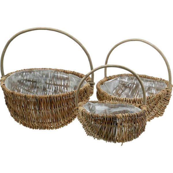 Set Di Cesti In Vimini 3 Pezzi Colori Naturali Con Manico, Cesti Per Piante Vintage Ø32/28/22Cm, Cesto Decorativo, Cesto Regalo, Cesto Pasquale-image