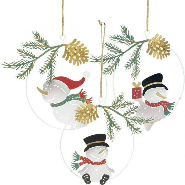 Ciondolo Natalizio A Forma Di Pupazzo Di Neve Con Anello Decorativo In Metallo, Decorazione Per Albero Di Natale Ø14Cm, Set Da 3-image