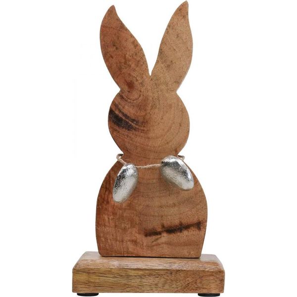 Decorazione Pasquale Coniglio In Legno Con Uova In Metallo, Decorazione Da Tavolo Per Pasqua, Design Naturale, H20.5Cm-image