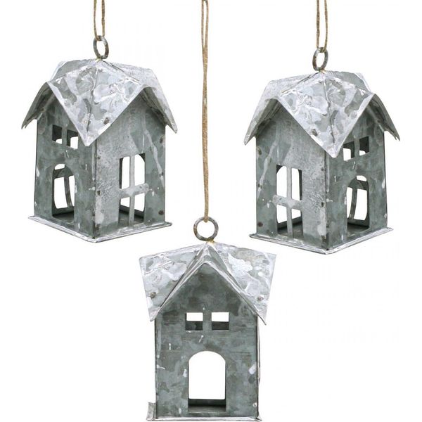 Ciondolo Natalizio In Metallo Casa Shabby Chic Bianco 9,5 Cm 3 Pezzi Decorazione Albero Di Natale Ornamenti Finestra-image