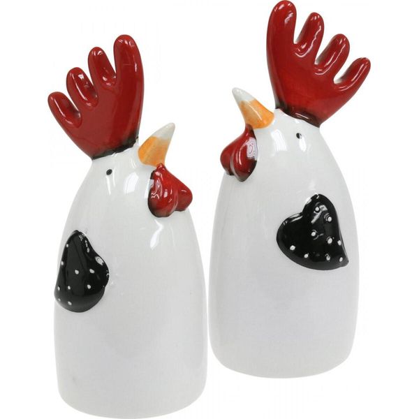 Pollo In Ceramica Gallo Rosso Bianco Decorazione Da Tavolo Set Di 2 Figurine Per La Decorazione Di Pasqua-image