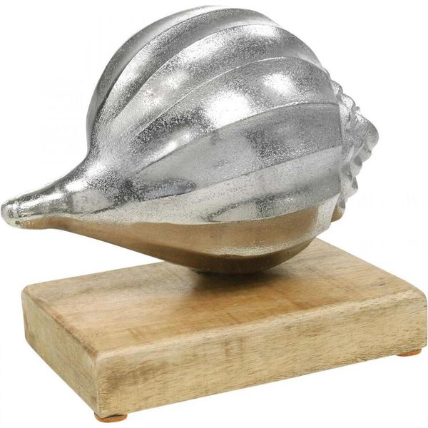 Conchiglia In Metallo, Decorazione Marittima Da Tavolo, Base In Legno Vintage Argento H15Cm L18,5Cm-image