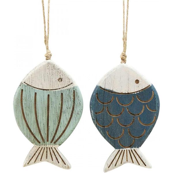 Decorazione Marittima Appesa Pesce Di Legno Blu H11Cm 6Pz - Decorazione Da Parete Shabby Chic Per Bagno, Giardino E Festività-image