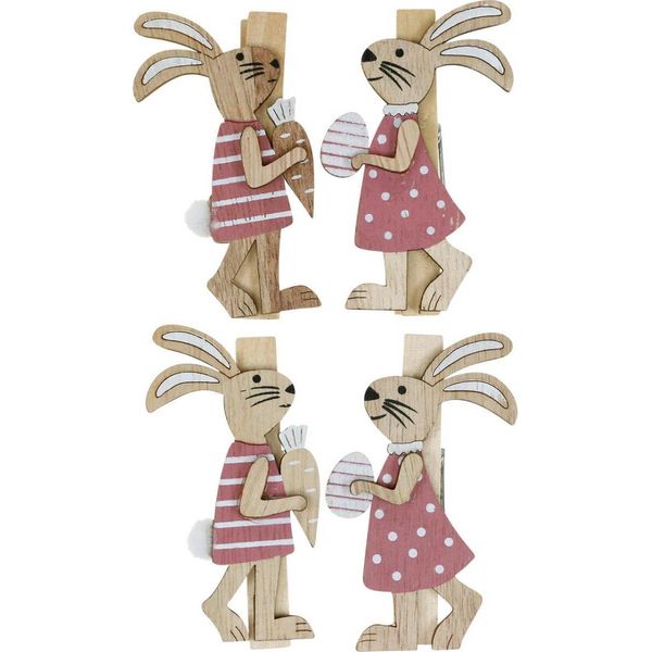 Clip In Legno Per Decorazioni Pasquali "Coniglietto Di Pasqua"" Set 4 Pezzi - Clip Decorative In Rosa E Bianco Per Decorazioni Da Tavola, Regali E Ghirlande"-image