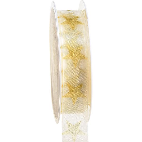 Nastro A Stella Oro Bianco 25Mm Nastro Di Organza Nastro Natalizio 18M-image