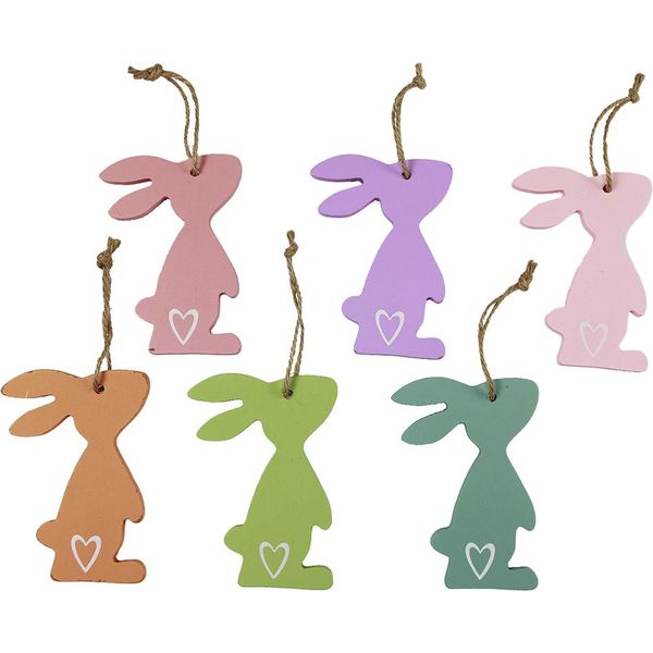 Coniglietto Pasquale Decorazione Da Appendere In Legno Colori Pastello 8Cm Set Da 12-image