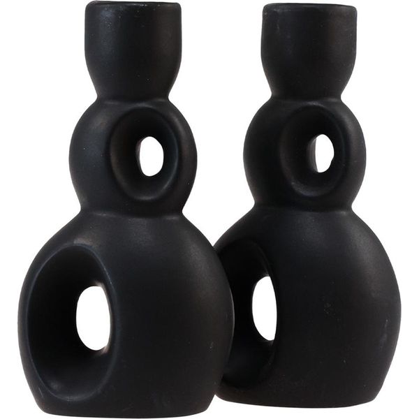 Portacandele In Ceramica Nero Moderno Deco Set 2 Pezzi-image
