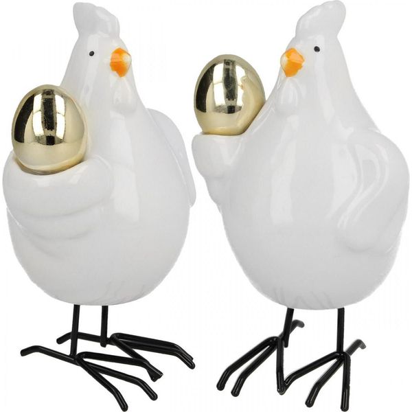 Gallina Decorativa Con Uovo D'oro, Statuetta Pasquale In Porcellana, Set Di Decorazioni Pasquali H12Cm, Confezione Da 2-image