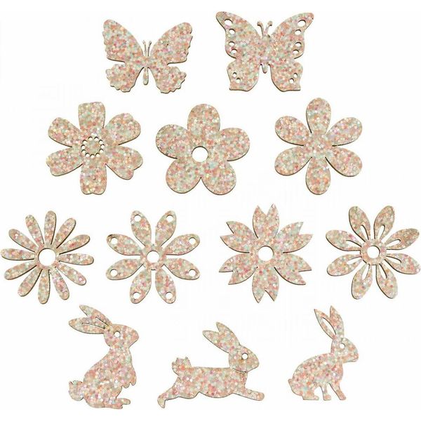 Decorazione A Spruzzo In Legno Rosa 2-4Cm 64Pz - Decorazione Da Tavola Primaverile Fiori Farfalle Coniglietti-image