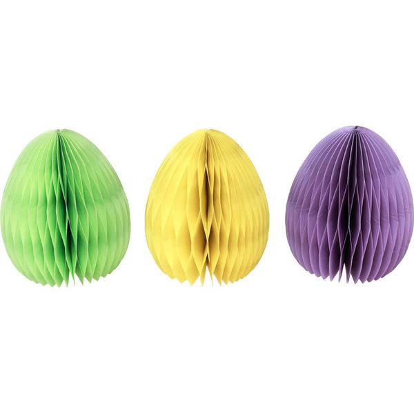 Decorazione Pasquale Uova Di Carta A Nido D'ape 20Cm In Piedi In Colori Pastello Verde Giallo Viola - Set Di 3 Decorazioni Da Tavolo-image
