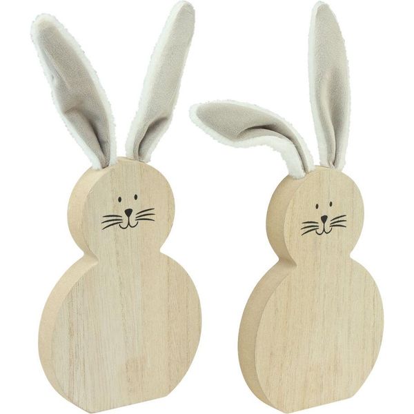 Coniglietto In Legno Decorazione Pasquale Orecchie Mobili Marrone Bianco Set Di 2 11,5×27 Cm-image