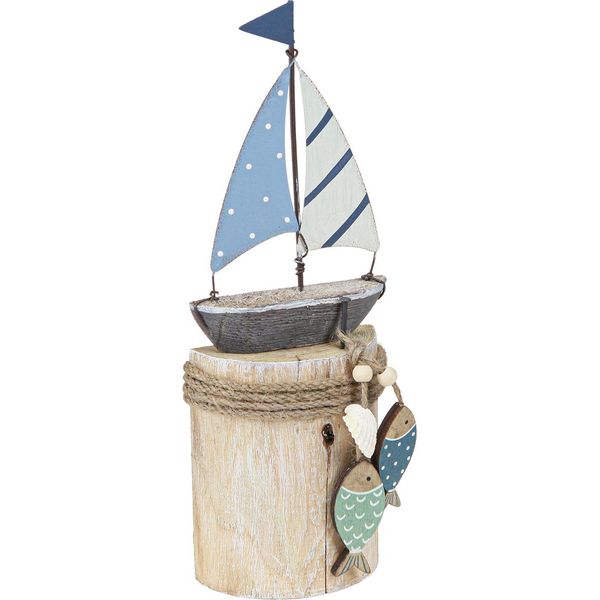 Decorazione Marittima In Legno Barca A Vela Bianco Blu Con Pesce H24Cm-image