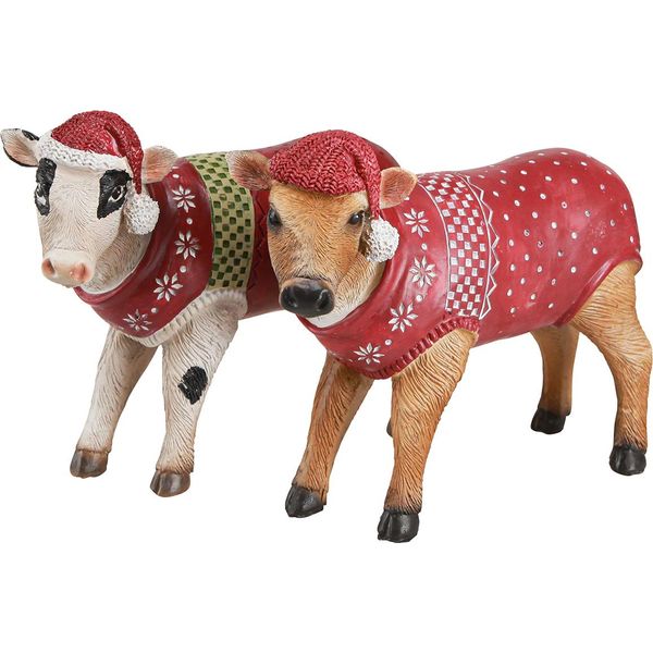 Decorazione Natalizia Mucca Con Cappello Decorazione Da Tavola Festosa Figurina Natalizia Fascino Rurale In Bianco Marrone Set Di 2 15,5 Cm-image