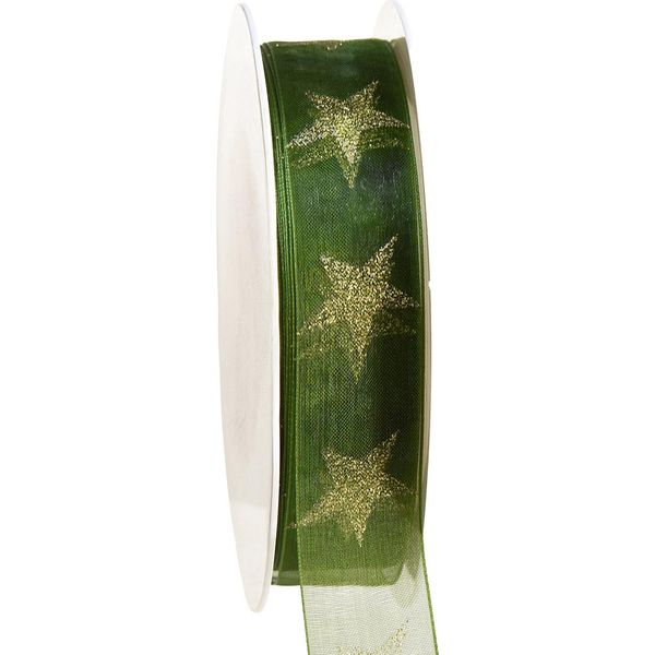 Stella Nastro Verde Oro Natale Organza Nastro Decorazione Regalo Nastro W25Mm L18M-image
