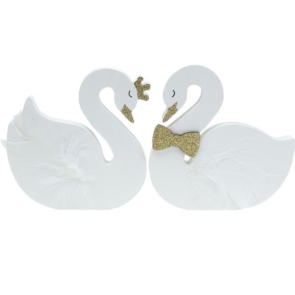 Cigni Decorativi Per Matrimonio In Legno Bianco E Oro Con Corona E Papillon 12X13 Cm Set Da 2 Decorazioni Da Tavola, 2 Pezzi-image