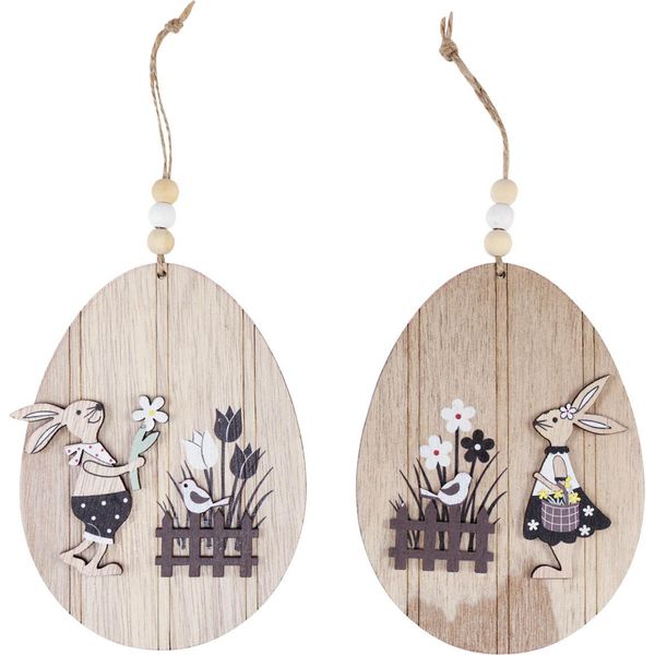 Uova Di Pasqua Appese Decorazione Uovo In Legno Motivo Coniglietto Bianco Natura 10Cm 6 Pezzi-image