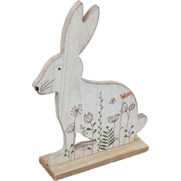Coniglietto Pasquale Decorativo In Legno Con Fiori 26×19,5 Cm-image
