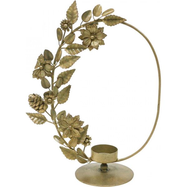 Elegante Porta Tealight Dorato Con Anello Decorativo, Fiori E Design A Cono, H29,5 Cm-image