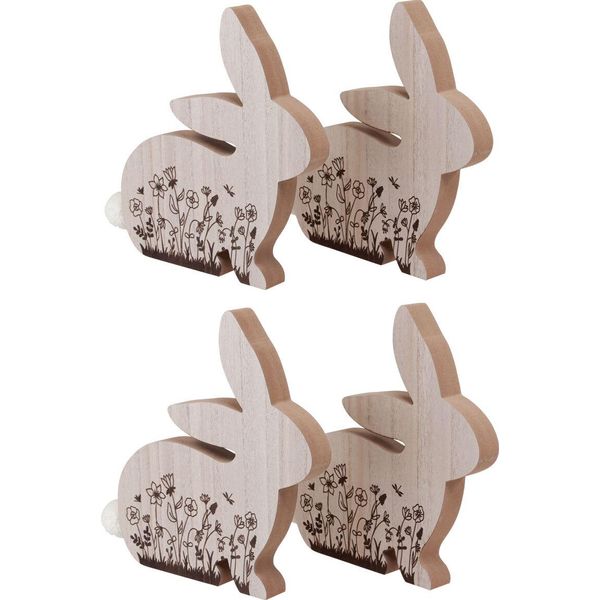 Coniglietti Pasquali In Legno Decorativi Marroni Naturali Seduti Decorazione Da Tavola Primaverile 18,5X18 Cm Set Da 4, 4 Pezzi-image