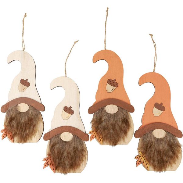 Ciondolo Gnomo Decorativo In Legno Autunno 21Cm Set 4 Pezzi-image