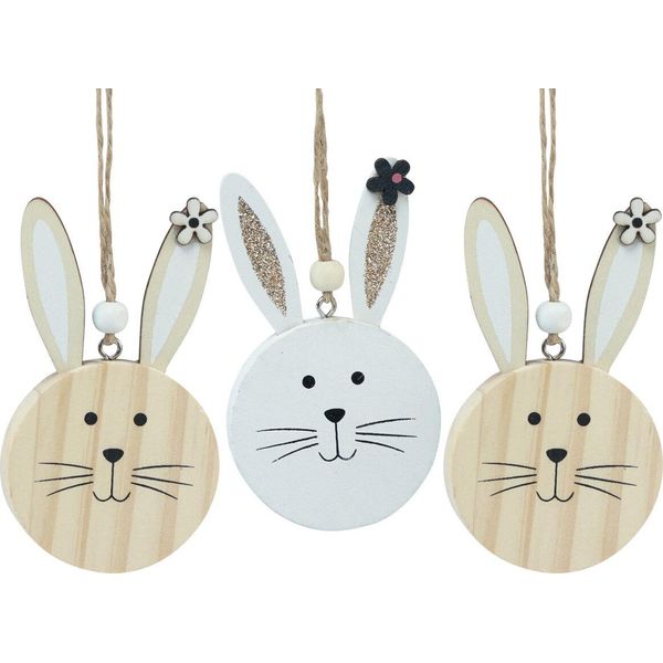 Appendino Decorativo In Legno Teste Di Coniglietto Naturale Bianco Oro Glitter Decorazione Pasquale 10,5 Cm Set Di 8-image
