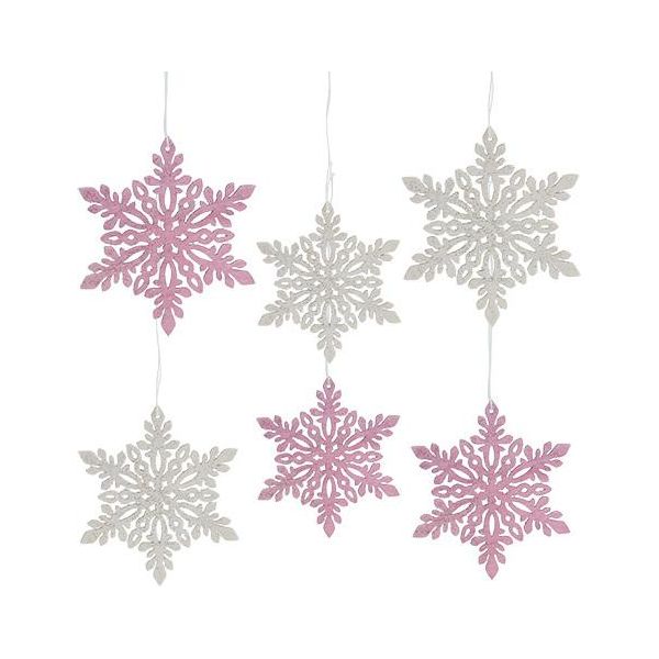Decorazione Romantica In Legno Fiocchi Di Neve Rosa/Bianco 8-12Cm Set Da 12-image