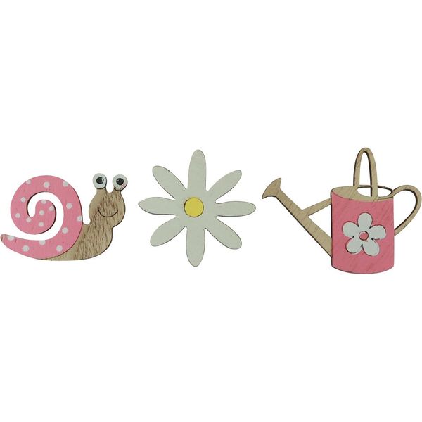 Decorazione In Legno A Spaglio Fiori Rosa Lumache Annaffiatoi 4Cm 36Pz-image