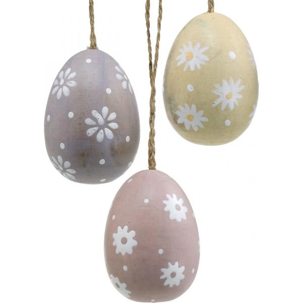 Uova Di Pasqua Decorazione Fiori Di Legno Appeso Uovo 7Cm Assortiti Set Di 3 Stile Vintage Primavera-image