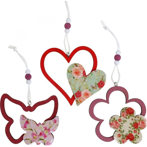 Primavera Ciondolo Decorazione In Legno Farfalla Cuore Fiore 6Pcs, Decorazione Modello Fiore-image