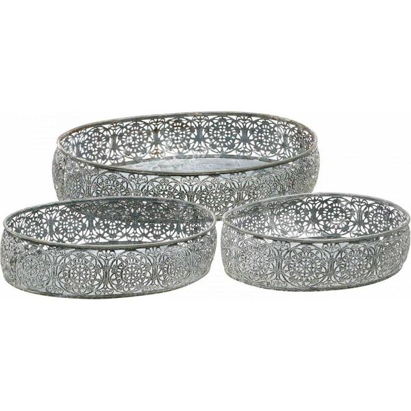 Ciotola Decorativa In Metallo Ovale Grigio Vintage Set Di 3, Motivo Floreale, Decorazione Versatile-image