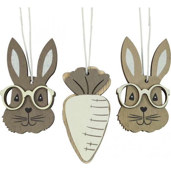Decorazione Pasquale In Legno Coniglio Ciondolo Occhiali Carota Marrone Beige 4×7,5Cm 9Pz-image
