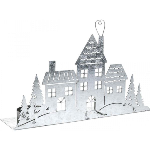 Decorazione Natalizia Porta Tealight Città In Metallo 20Cm Argento-image