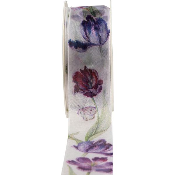 Nastro Di Chiffon In Organza Da Regalo Motivo Tulipano Viola 40 Mm 18 M Per La Fioritura E La Decorazione-image
