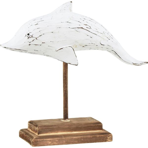 Figura Decorativa Di Delfino Marino In Bianco, Scolpita A Mano In Legno Di Albasia, Decorazione Da Tavolo Rustica 28×6,5×26 Cm-image