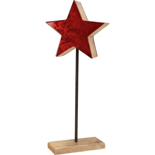 Decorazione Natalizia Stella Rossa Naturale In Legno Di Mango Con Asta E Base In Metallo, Decorazione Da Tavola Festiva 20X9,5X50Cm-image