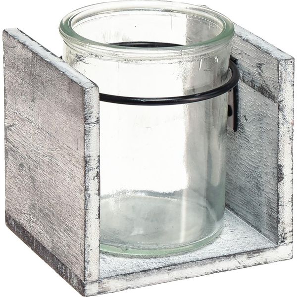 Porta Tealight In Vetro Cornice Rustica In Legno Grigio-Bianco 10X9X10Cm Set Di 3 Decorazioni Da Tavolo-image