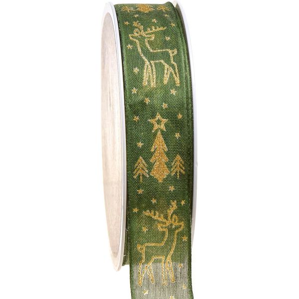 Nastro Natalizio Bordo Filo Renna Verde Oro Decorazione Nastro Regalo 25Mm X 18M-image