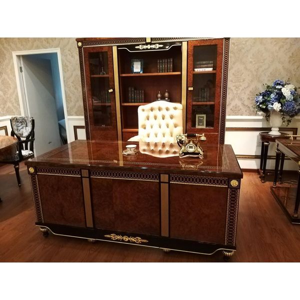 Set Ufficio Arredo Scrivania Tavolo + Sedia Direzionale Poltrona Barocco Rococò 2 Pz.-image