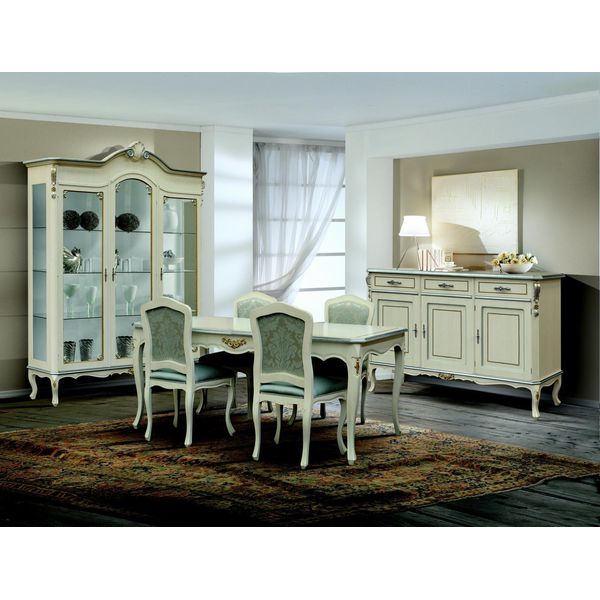 Set Sala Da Pranzo Di Lusso 7 Pezzi Mobili In Legno Bianco Cassettiera 4X Sedia Tavolo Vetrina-image