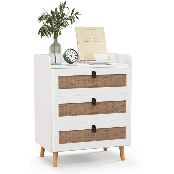 Comodino Costway Con 3 Cassetti, Tavolino Moderno, Comodino Con Gambe In Legno Massiccio Per Stanze Piccole, Comodino In Stile Boho 60 X 40 X 75 Cm, Bianco-image