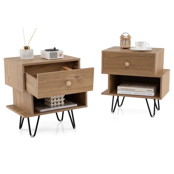 Set Di 2 Comodini Costway, Comodino Con Cassetto, Vano A Giorno E Gambe In Metallo, Tavolino Da Divano Console Da Comodino 44 X 29 X 47 Cm-image