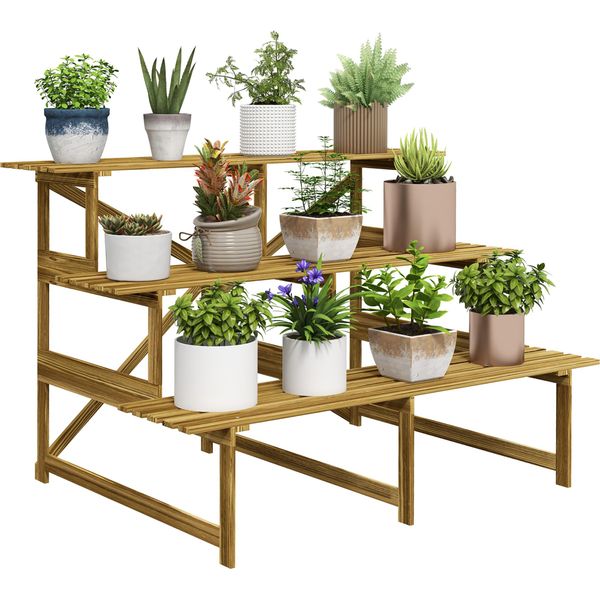 Outsunny Scala Per Piante, Scala Per Fiori, Scaffale Per Fiori, Scaffale Per Piante, Supporto Per Fiori, 3 Gradini, Legno Di Abete, 120 X 80 X 78Cm-image