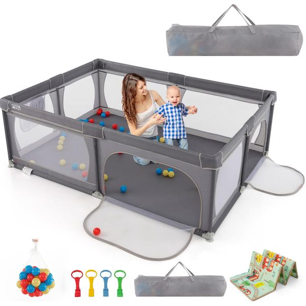Costway Box Per Bambini, Cancelletto Per Bambini Con Tappetino, Tasca Laterale E 50 Palline, 206×147×68,5 Cm Grigio Scuro-image