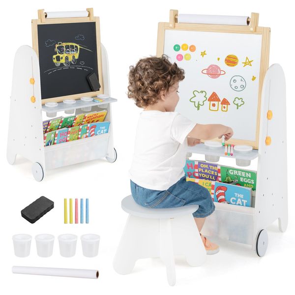 Cavalletto Per Bambini Costway, Lavagna Per Bambini 4 In 1 Con Sgabello, Lavagna Magnetica E Scolastica, Scaffali, Rotolo Di Carta E Accessori Per Bambini Dai 3 Anni In Su-image