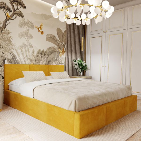 Muralo Letto Imbottito Per Camera Da Letto Letto Imbottito Con Rete E Molla A Gas Letto Con Testiera Imbottita Letto Matrimoniale 140X200 Letto Con Contenitore Giallo-image