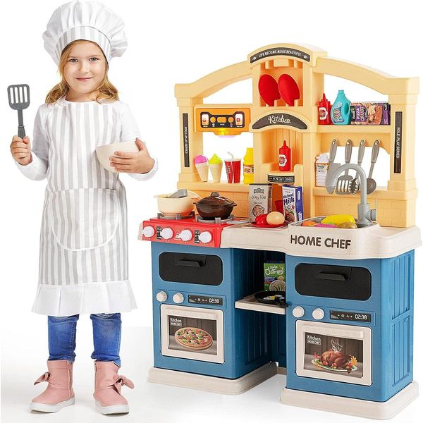 Costway 69 Pz. Cucina Per Bambini Con Luci, Vapore, Musica E Suoni, Cucina Da Gioco Con Accessori, Cucina Da Gioco Per Bambini Con Pompa Dell'acqua E Lavello, Cucina Giocattolo Per Bambini Dai 3 Anni In Su (Blu)-image