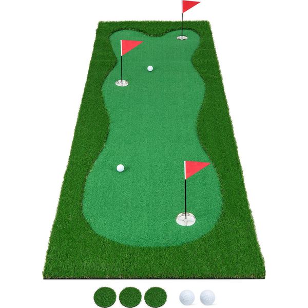 Tappeto Da Golf Costway 300 X 100 Cm, Tappetino Da Golf Con Erba Artificiale, 2 Palline, 3 Buche, 3 Bandierine E Coppe Da Putting-image