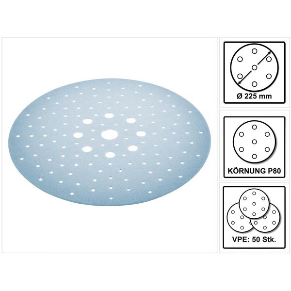 Festool Stf D225/128 P80 GR/25 Disco Abrasivo P80 225 Mm 50 Pz. ( 2X 205655 ) Per Levigatrice A Collo Lungo Planex Lhs 2 225 Eq(I), Planex 225 Eq, Planex LHS-E 225 Easy-image