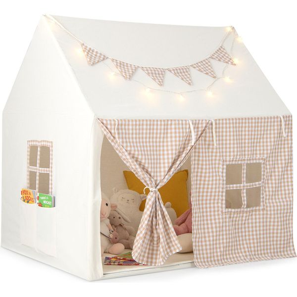 Tenda Per Bambini Costway Per Interni, Casetta Per Bambini Con Tappeto E Luci, Tenda Da Gioco Per Bambini E Bambine 3-8 Anni, Beige-image